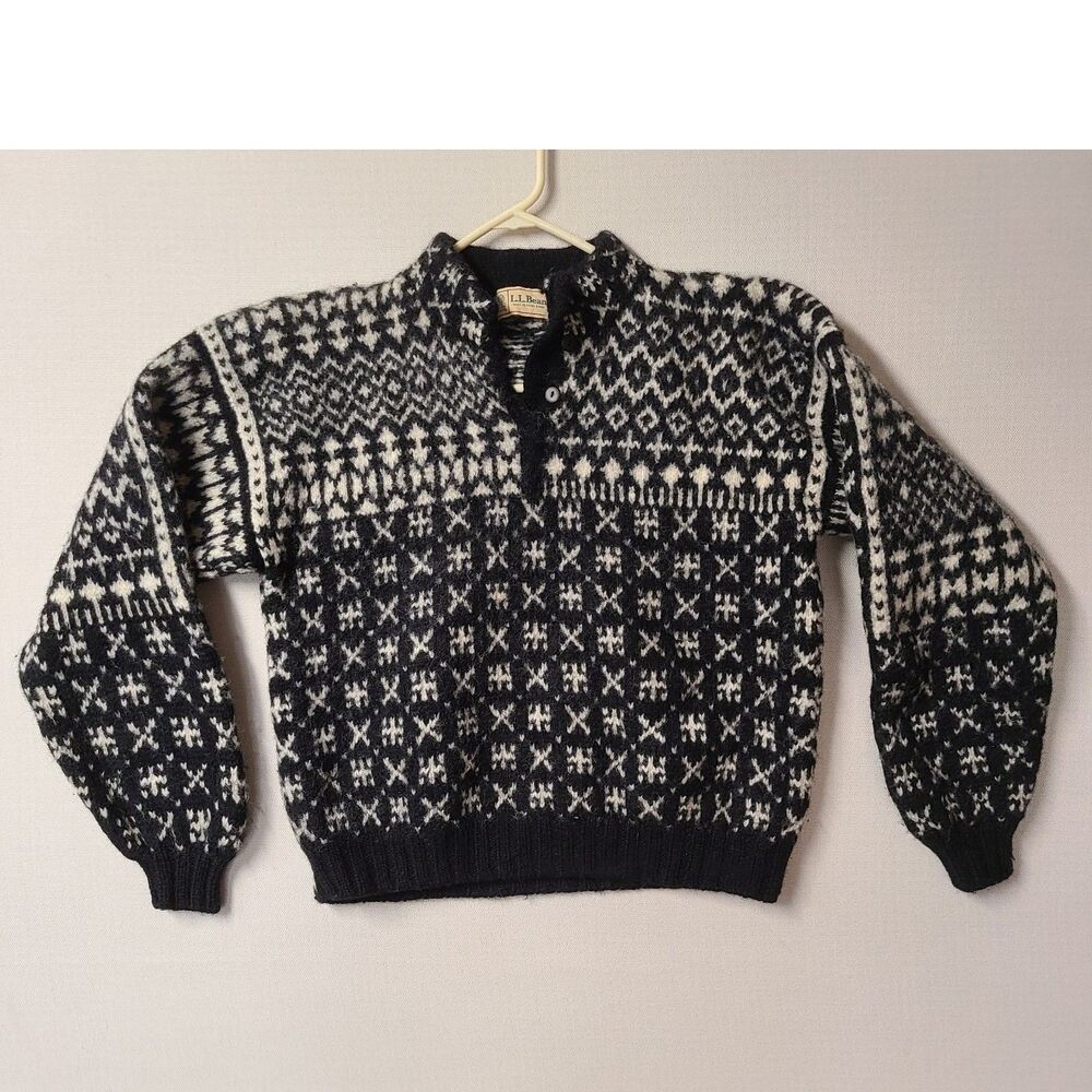 Vtg L.L. Bean Fair Isle Nordic 100% Pure Wool Black White Pullover Sweater XL